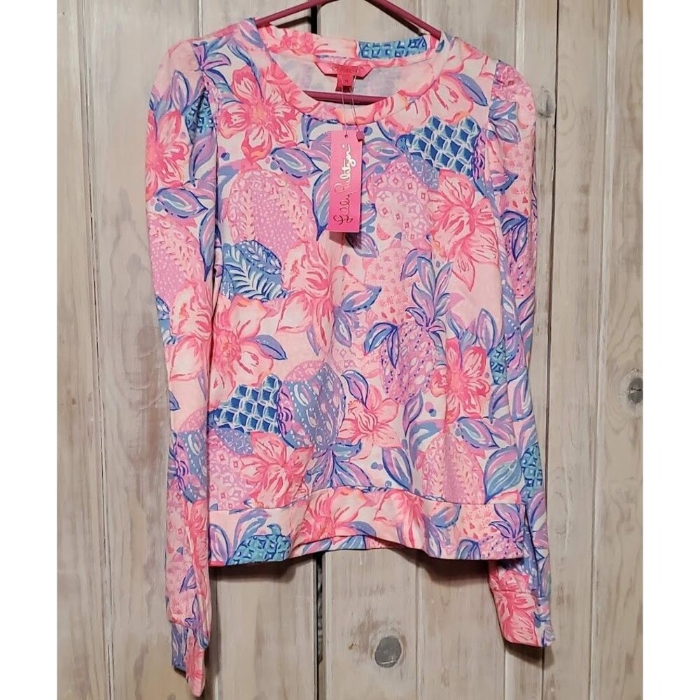Lilly Pulitzer Women's Jansen Sweatshirt Top M Pink Snappy Turtle Print New